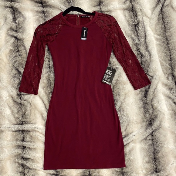 EXPRESS:Maroon Mini Dress Lace Quarter Sleeve NWT - Picture 1 of 6